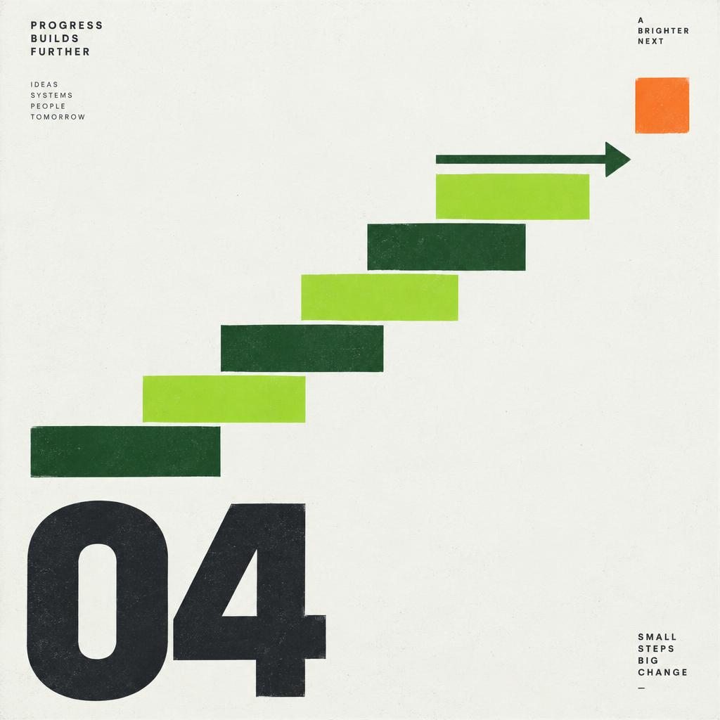 Swiss-style geometric poster with an ascending staircase of blocks and a green arrow reaching an orange square in cream, green and lime, with a large numeral 04.