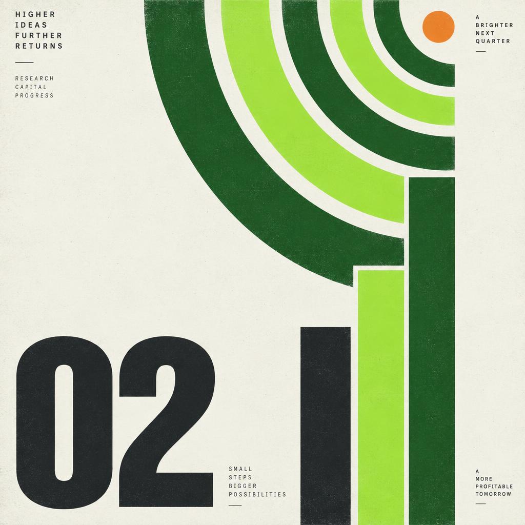 Swiss-style geometric poster with rising bars and radiating concentric arcs in cream, forest green and lime, a large numeral 02 and an orange disc.