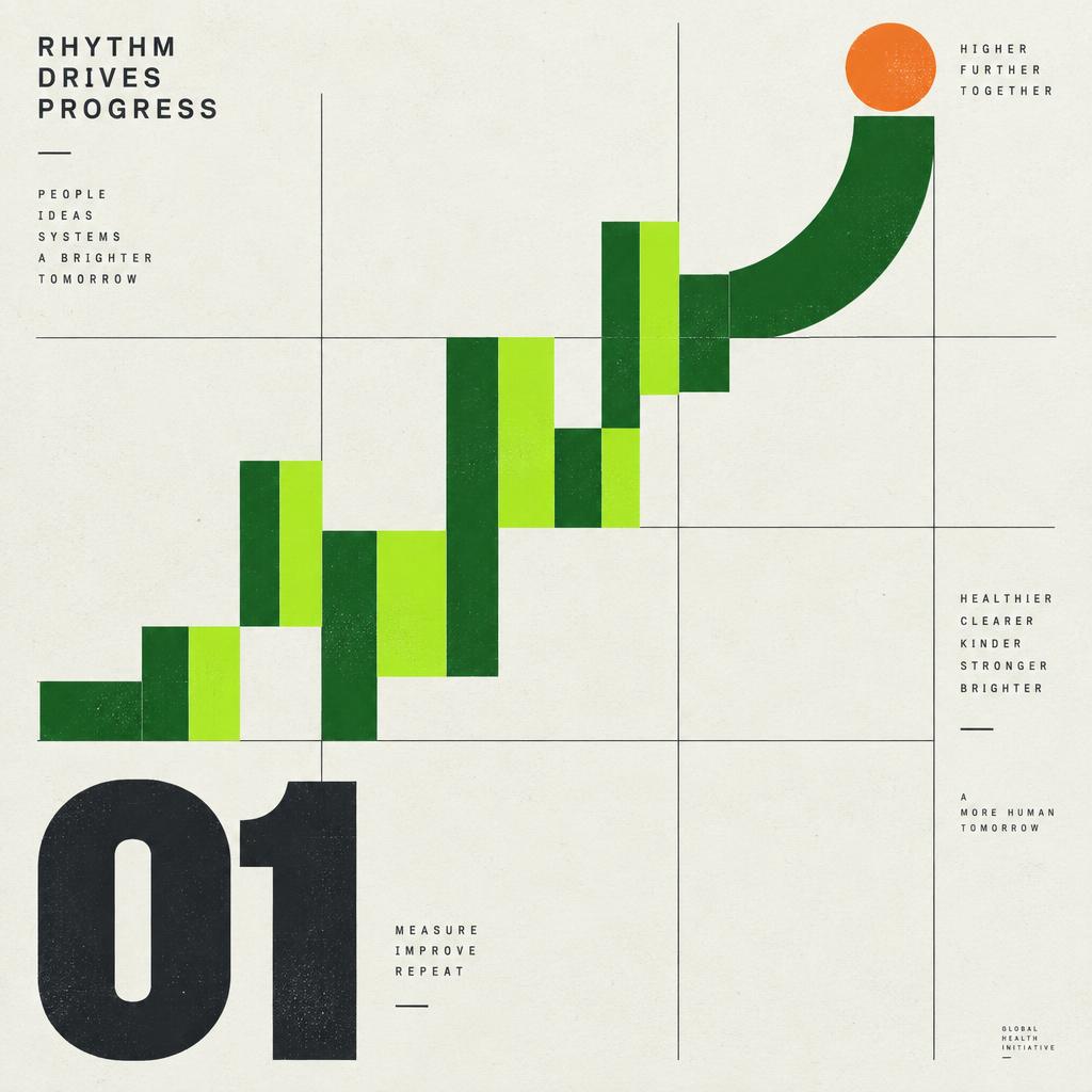 Swiss-style geometric poster in cream, forest green and lime: a rising pulse-line staircase of bars with a large numeral 01 and an orange accent dot.